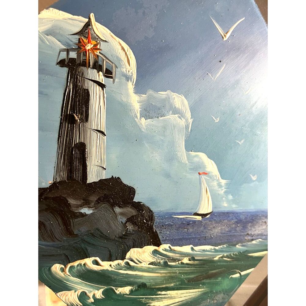 RARE 1996 Lighthouse Scene Painted on Mirror Signed Art Piece by Tom Dunham - Picture 3 of 9